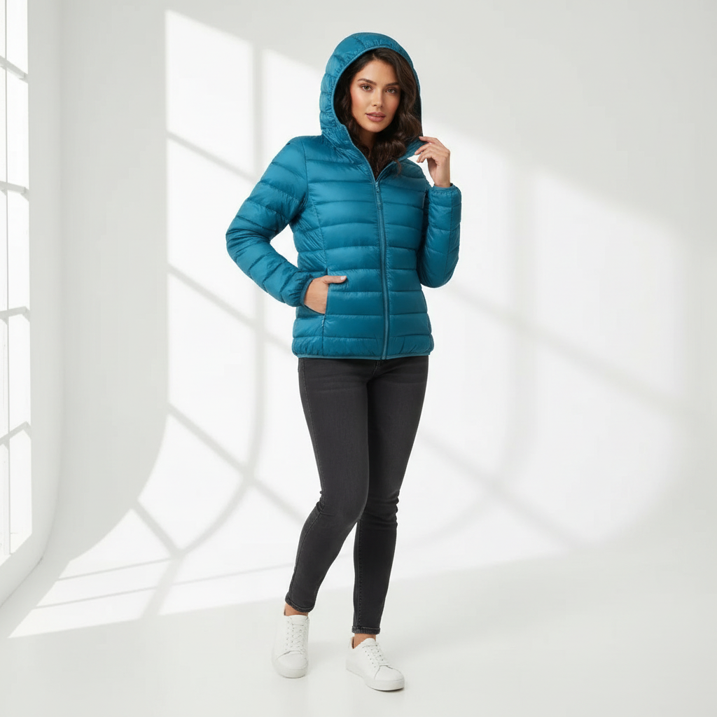 Blue - A woman wearing an off-white hooded puffer jacket with horizontal quilting, zipped up, paired with blue jeans against a plain white background.