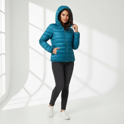 Blue - A woman wearing an off-white hooded puffer jacket with horizontal quilting, zipped up, paired with blue jeans against a plain white background.