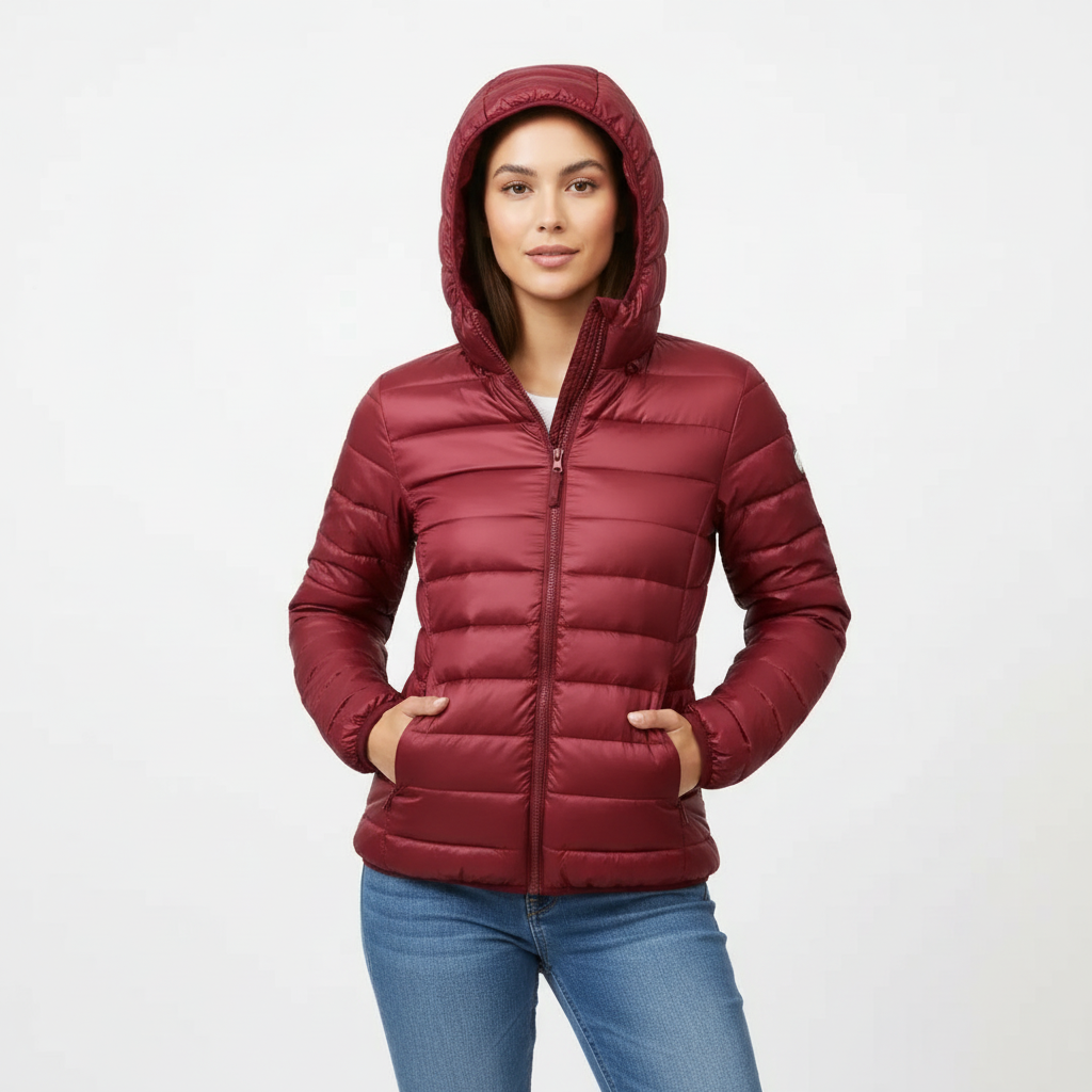 Bordeaux Red - A woman wearing an off-white hooded puffer jacket with horizontal quilting, zipped up, paired with blue jeans against a plain white background.