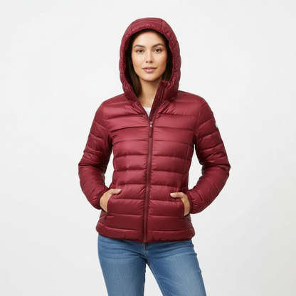 Bordeaux Red - A woman wearing an off-white hooded puffer jacket with horizontal quilting, zipped up, paired with blue jeans against a plain white background.