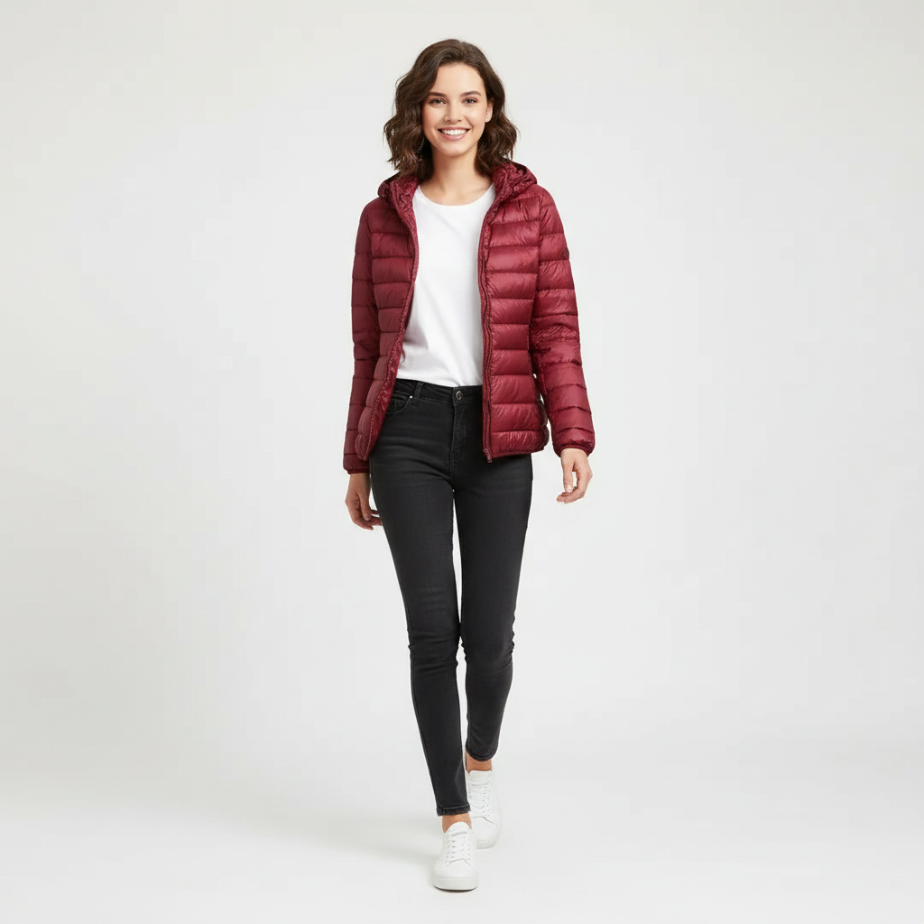 Bordeaux Red - A woman wearing an off-white hooded puffer jacket with horizontal quilting, zipped up, paired with blue jeans against a plain white background.