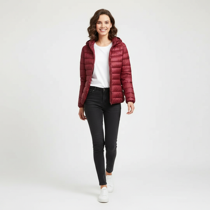 Bordeaux Red - A woman wearing an off-white hooded puffer jacket with horizontal quilting, zipped up, paired with blue jeans against a plain white background.