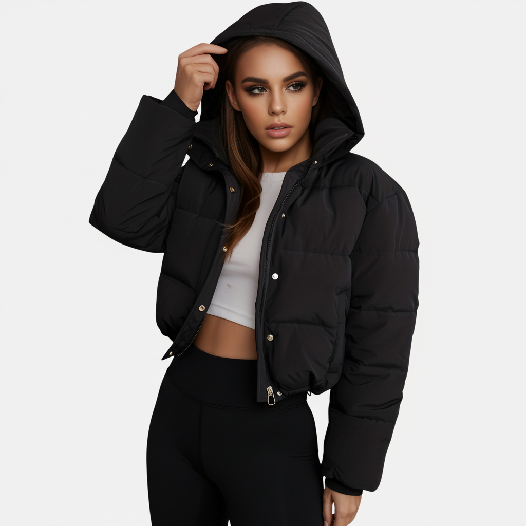 Black - A woman wearing a dark brown cropped puffer jacket with an integrated hood, featuring horizontal quilting, a front zip closure, and adjustable drawstring toggles at the hem, paired with black high-waisted jeans.