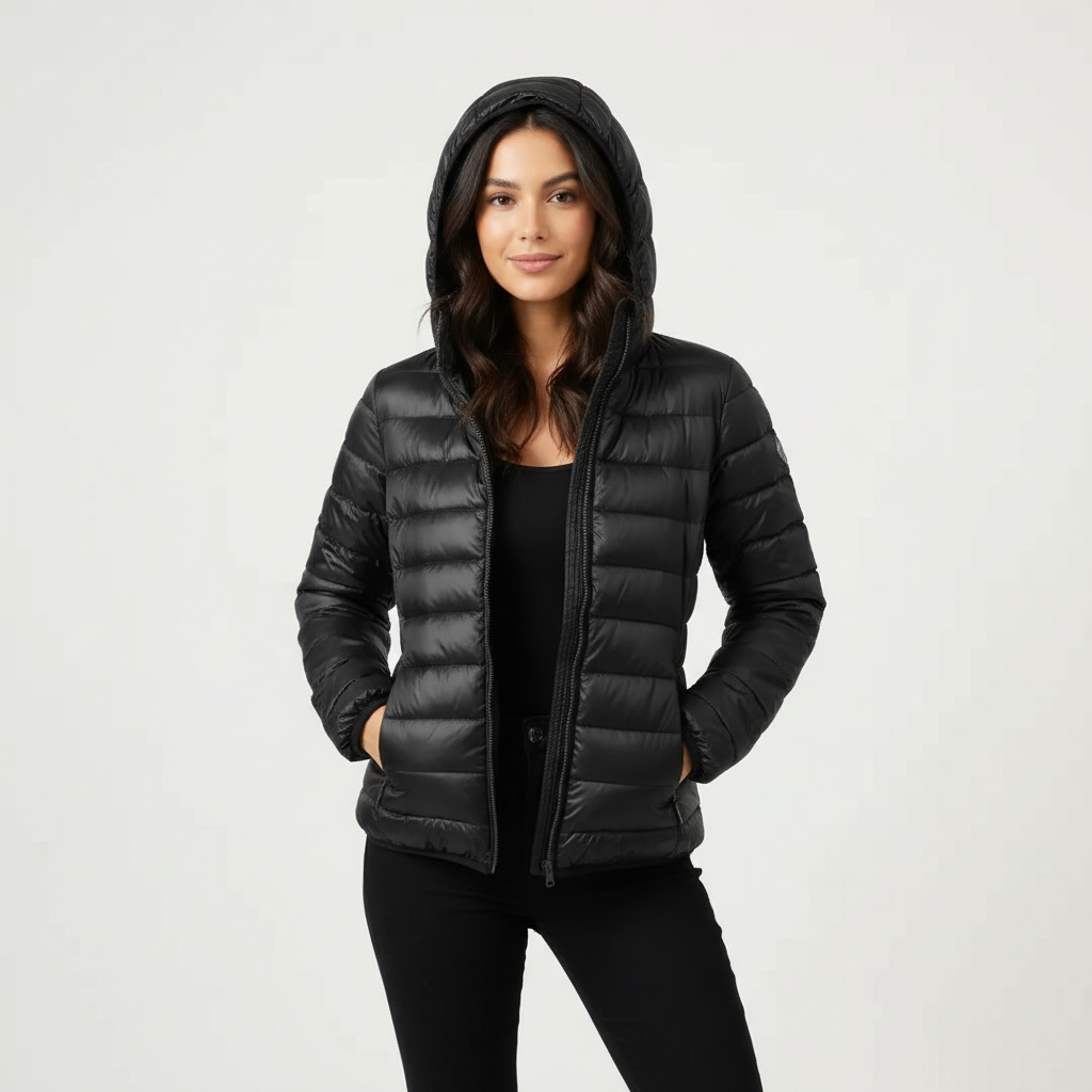 Black - A woman wearing an off-white hooded puffer jacket with horizontal quilting, zipped up, paired with blue jeans against a plain white background.