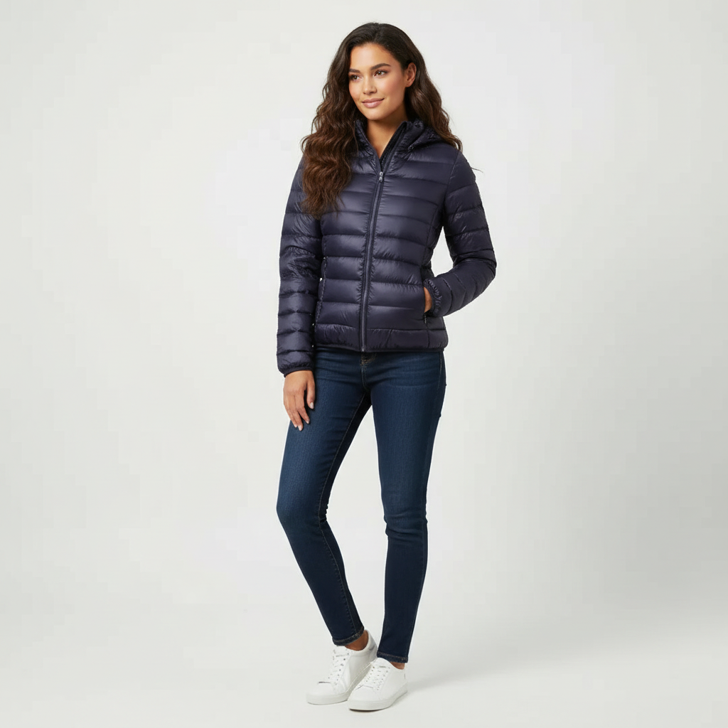 Dark Blue - A woman wearing an off-white hooded puffer jacket with horizontal quilting, zipped up, paired with blue jeans against a plain white background.