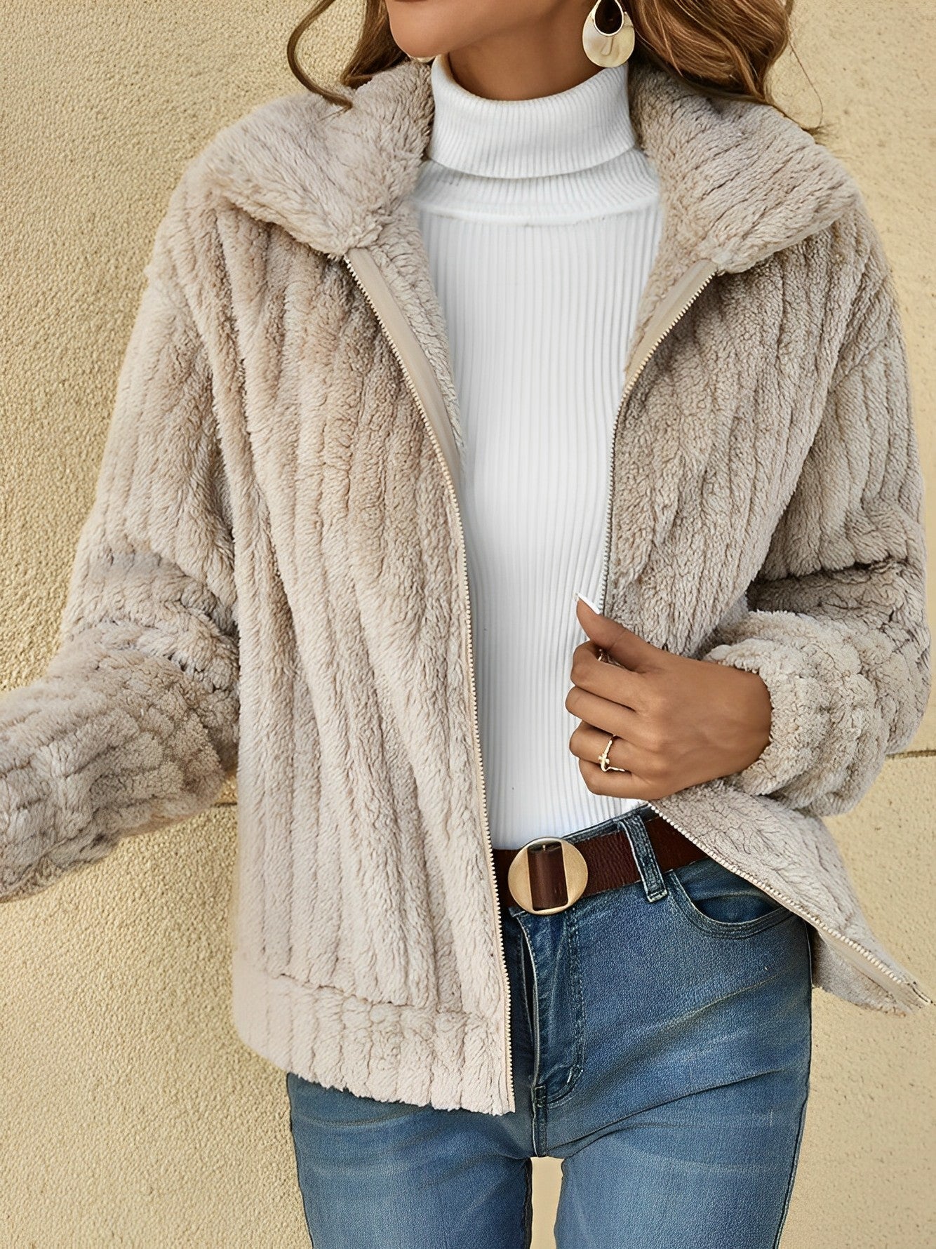 Khaki - Women's plush faux fur jacket featuring a ribbed texture, zip-front closure, and a relaxed fit, styled over a white turtleneck.