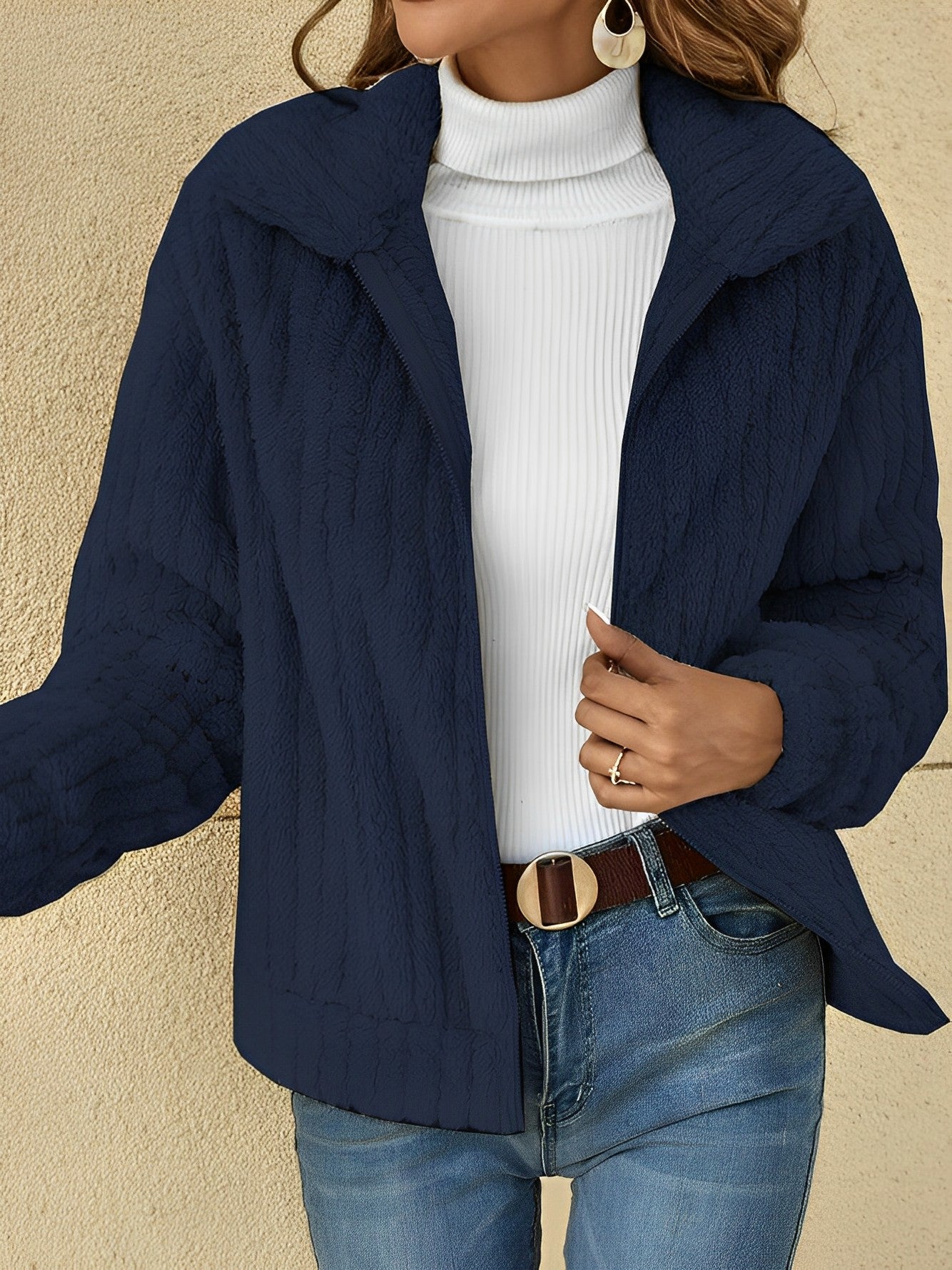 Dark Blue - Women's plush faux fur jacket featuring a ribbed texture, zip-front closure, and a relaxed fit, styled over a white turtleneck.
