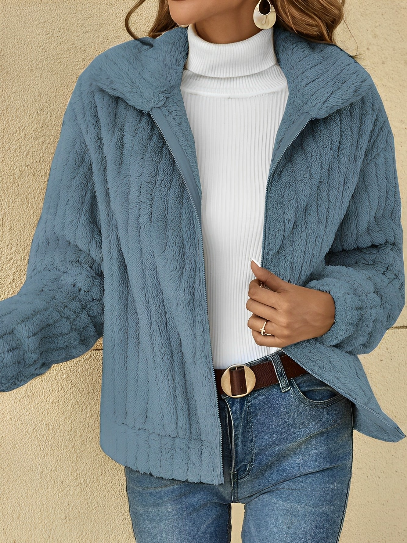Blue - Women's plush faux fur jacket featuring a ribbed texture, zip-front closure, and a relaxed fit, styled over a white turtleneck.