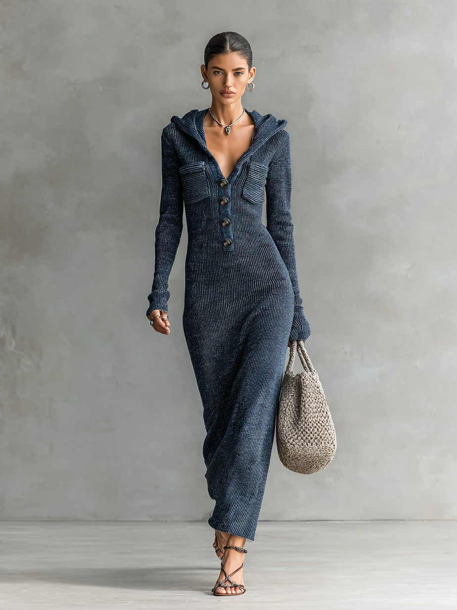 Navy - A woman wearing a long-sleeve, blue-grey ribbed knit maxi dress featuring a hood, a button-down neckline, and chest flap pockets, paired with a woven tote bag.