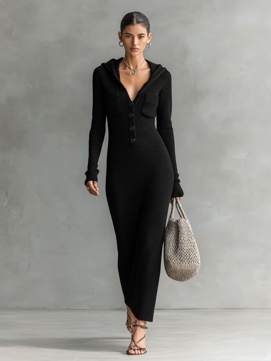 Black - A woman wearing a long-sleeve, blue-grey ribbed knit maxi dress featuring a hood, a button-down neckline, and chest flap pockets, paired with a woven tote bag.