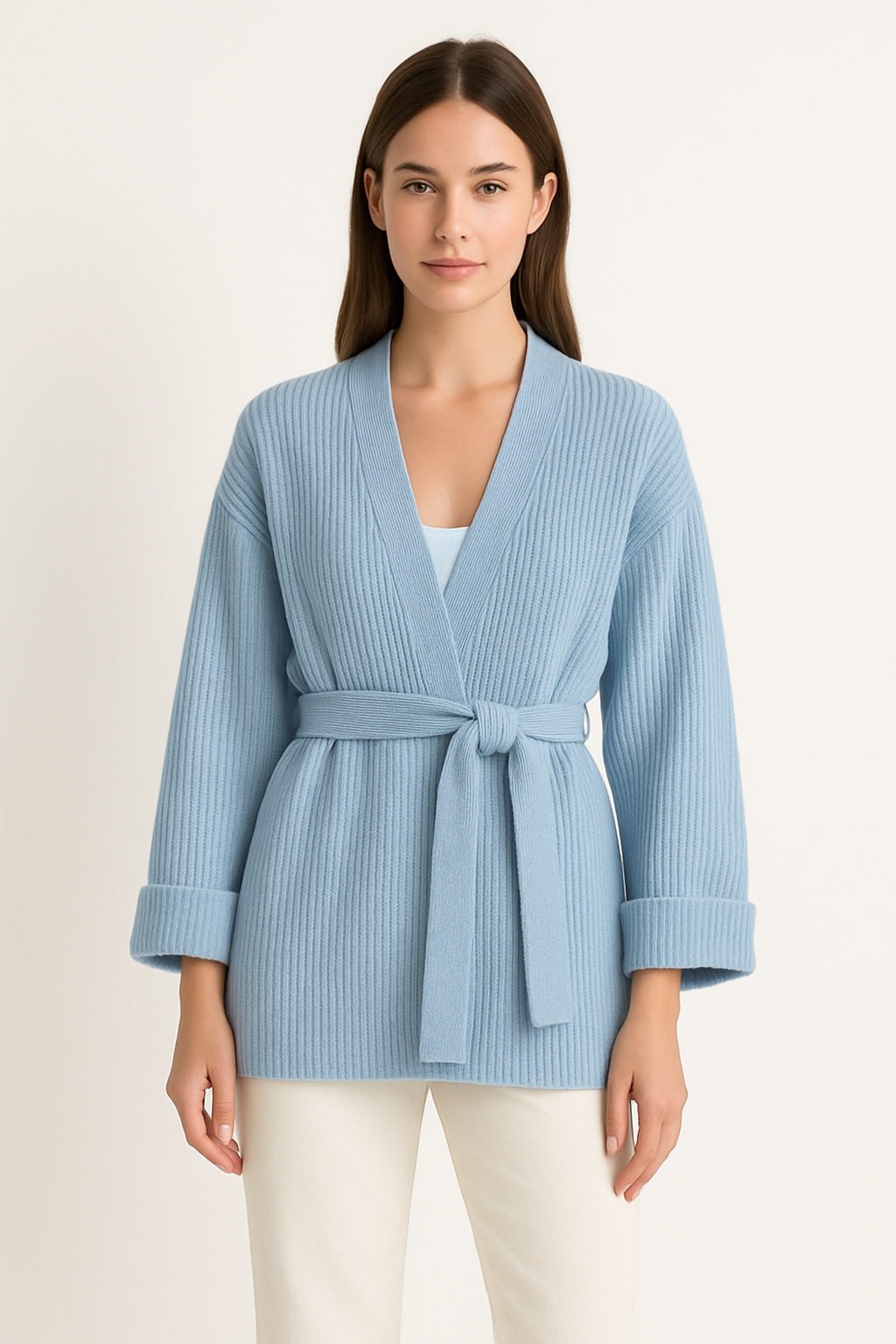 A woman wearing a light blue, ribbed knit wrap cardigan featuring a self-tie waist belt and wide folded cuffs, paired with cream trousers against a white background.