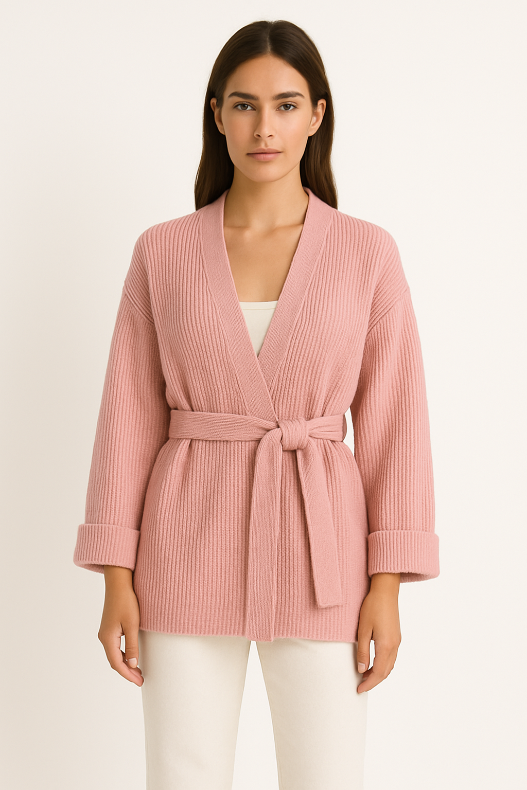 A woman wearing a light blue, ribbed knit wrap cardigan featuring a self-tie waist belt and wide folded cuffs, paired with cream trousers against a white background.