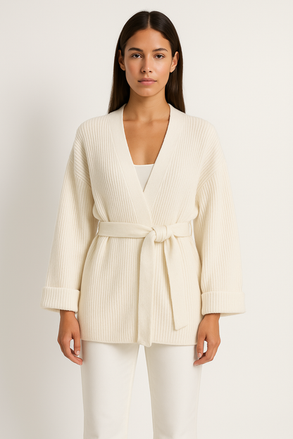 A woman wearing a light blue, ribbed knit wrap cardigan featuring a self-tie waist belt and wide folded cuffs, paired with cream trousers against a white background.