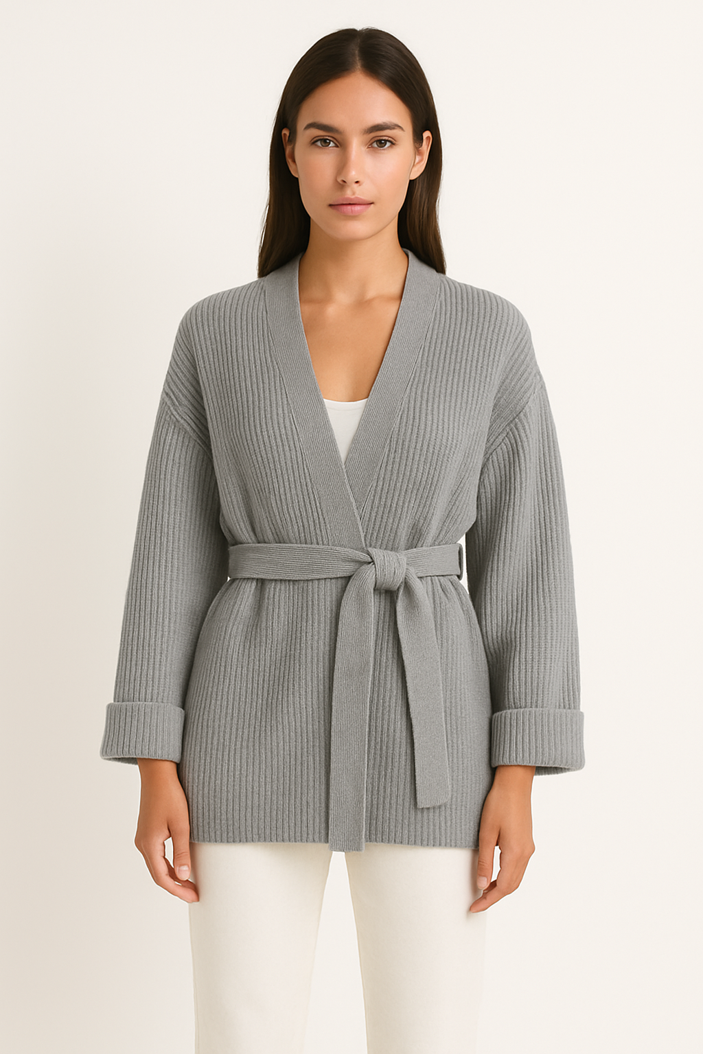 A woman wearing a light blue, ribbed knit wrap cardigan featuring a self-tie waist belt and wide folded cuffs, paired with cream trousers against a white background.