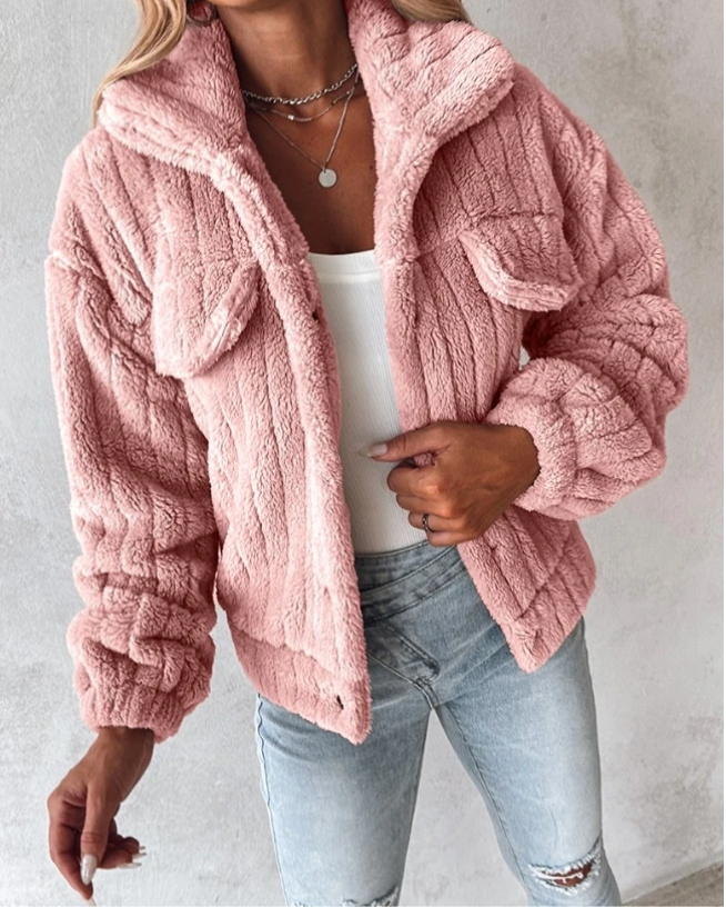 Pink - Women's cream-coloured heavyweight ribbed teddy jacket featuring a collared neckline, snap-button front, and twin chest flap pockets, styled open over a white top and light wash jeans.