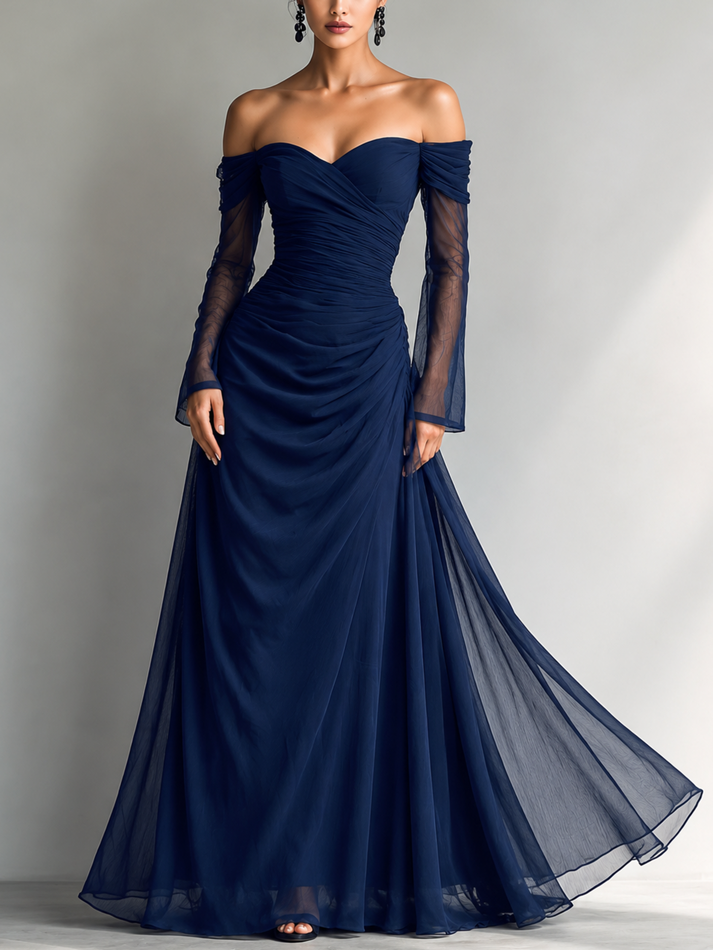 Dark Blue - A woman wearing a floor-length navy blue chiffon gown featuring an off-the-shoulder sweetheart neckline, sheer long sleeves, and a meticulously ruched bodice that drapes into a sweeping A-line skirt.
