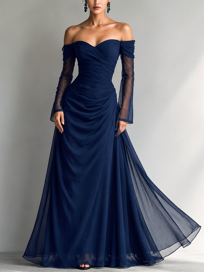 Dark Blue - A woman wearing a floor-length navy blue chiffon gown featuring an off-the-shoulder sweetheart neckline, sheer long sleeves, and a meticulously ruched bodice that drapes into a sweeping A-line skirt.