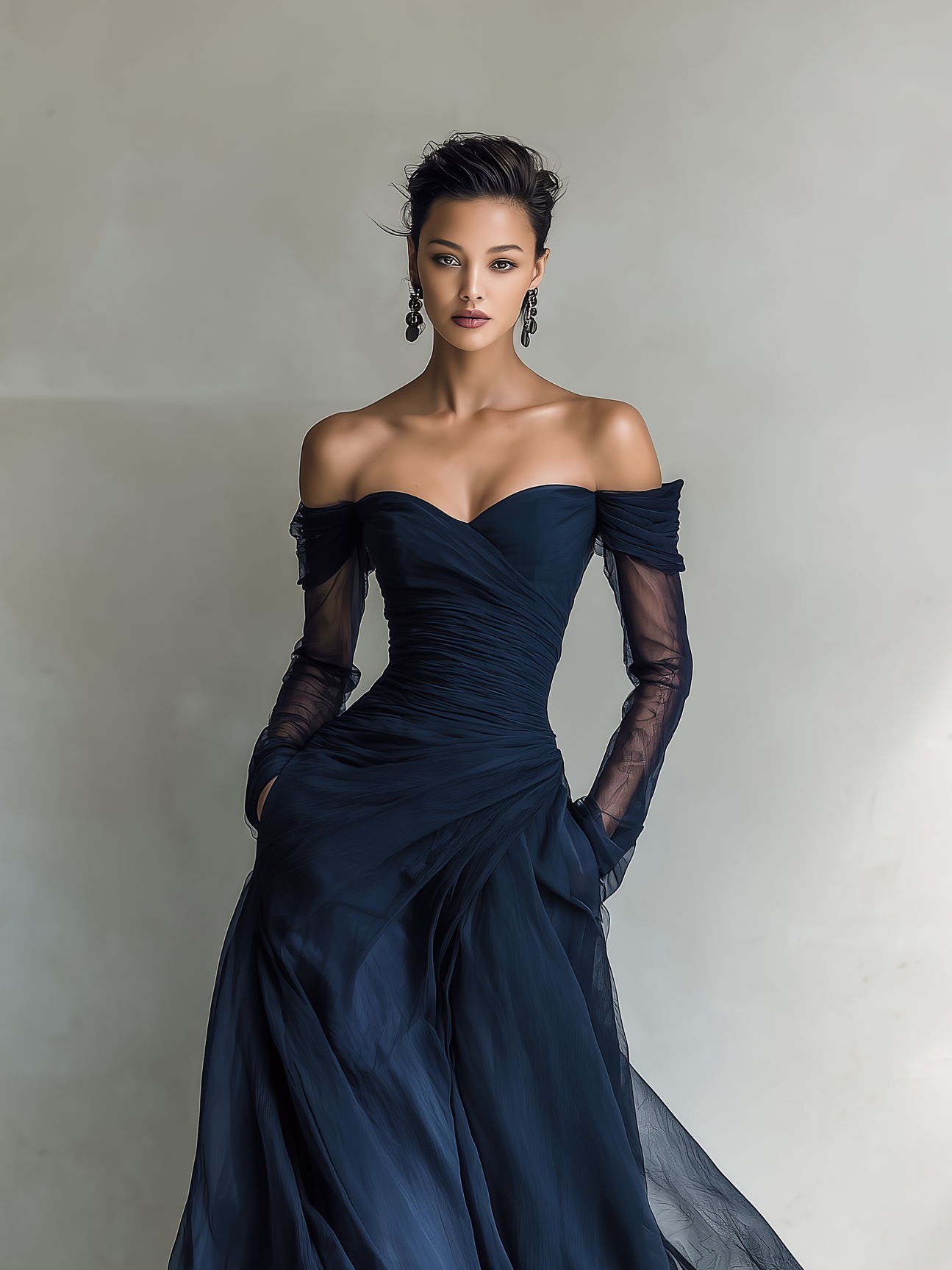 Dark Blue - A woman wearing a floor-length navy blue chiffon gown featuring an off-the-shoulder sweetheart neckline, sheer long sleeves, and a meticulously ruched bodice that drapes into a sweeping A-line skirt.