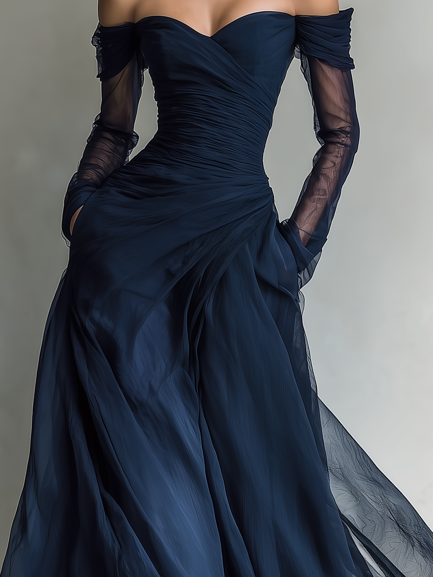 Dark Blue - A woman wearing a floor-length navy blue chiffon gown featuring an off-the-shoulder sweetheart neckline, sheer long sleeves, and a meticulously ruched bodice that drapes into a sweeping A-line skirt.
