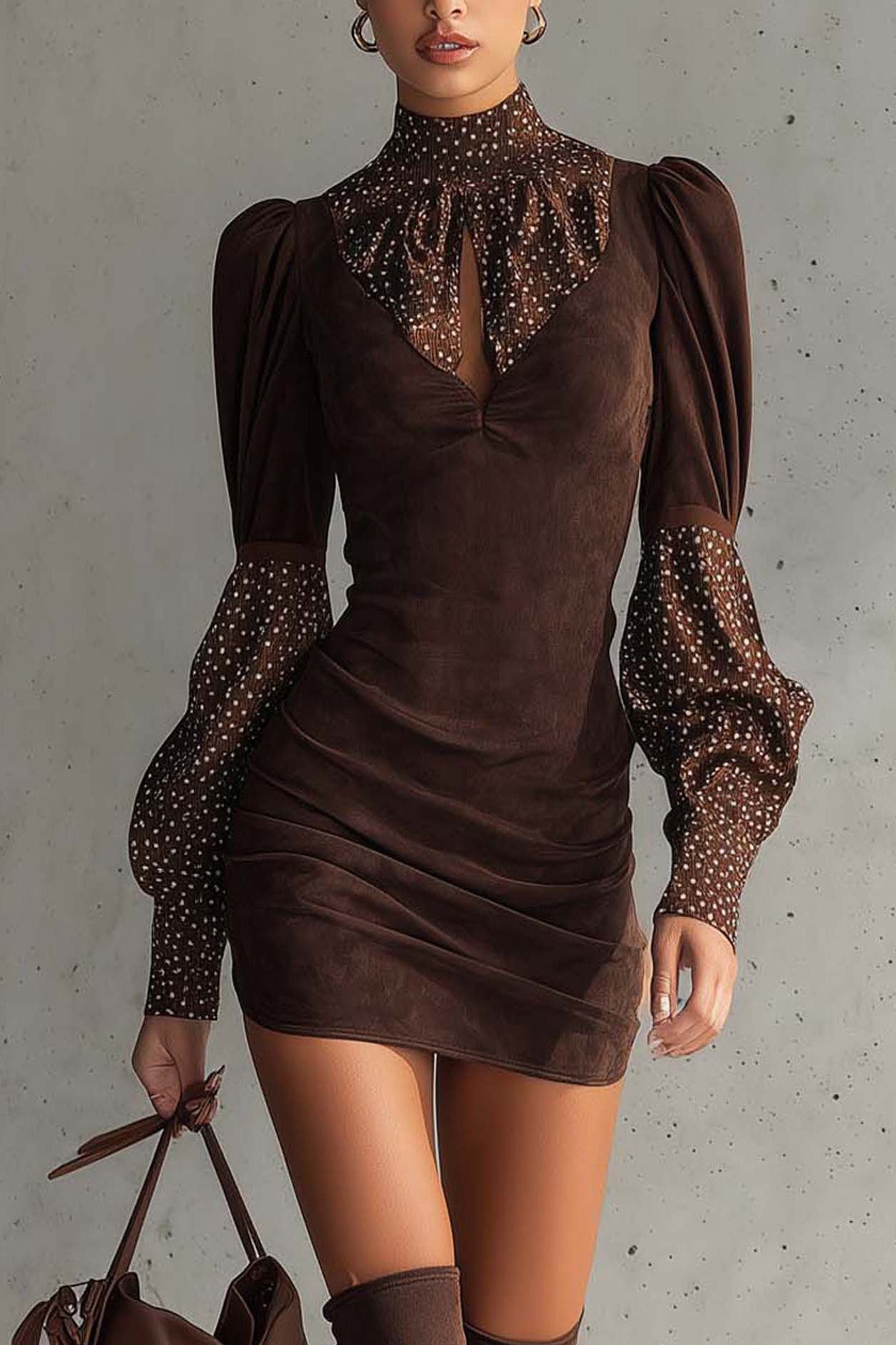 Brown - Woman wearing a fitted ruched mini dress featuring a solid bodice and sheer dotted high neckline and long puff sleeves