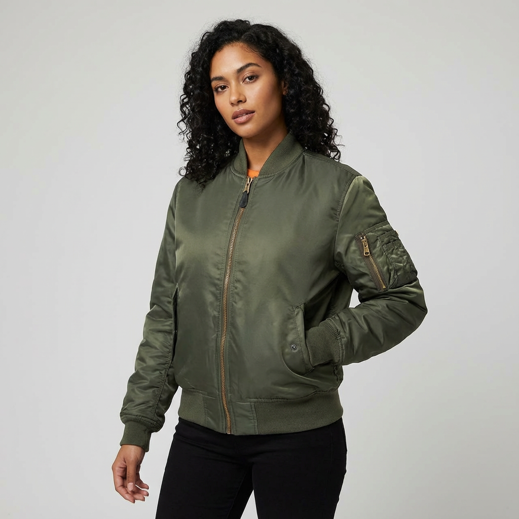Green - A woman wearing a vibrant red satin-finish bomber jacket featuring a ribbed collar, zip-up front, and a utility pocket on the left sleeve, styled over a white t-shirt.