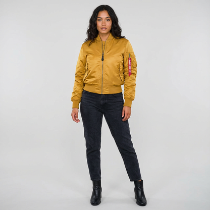 Yellow - A woman wearing a vibrant red satin-finish bomber jacket featuring a ribbed collar, zip-up front, and a utility pocket on the left sleeve, styled over a white t-shirt.