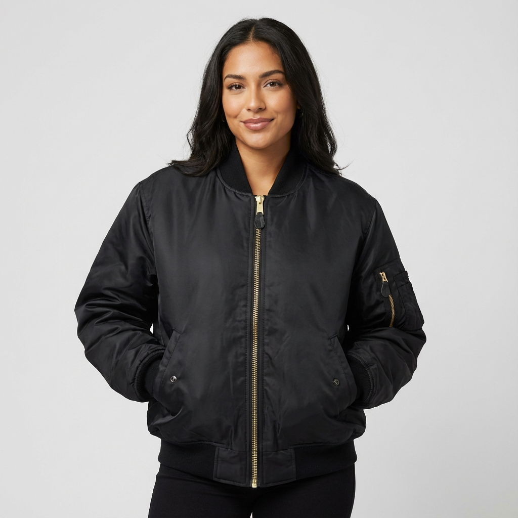 Yellow - A woman wearing a vibrant red satin-finish bomber jacket featuring a ribbed collar, zip-up front, and a utility pocket on the left sleeve, styled over a white t-shirt.
