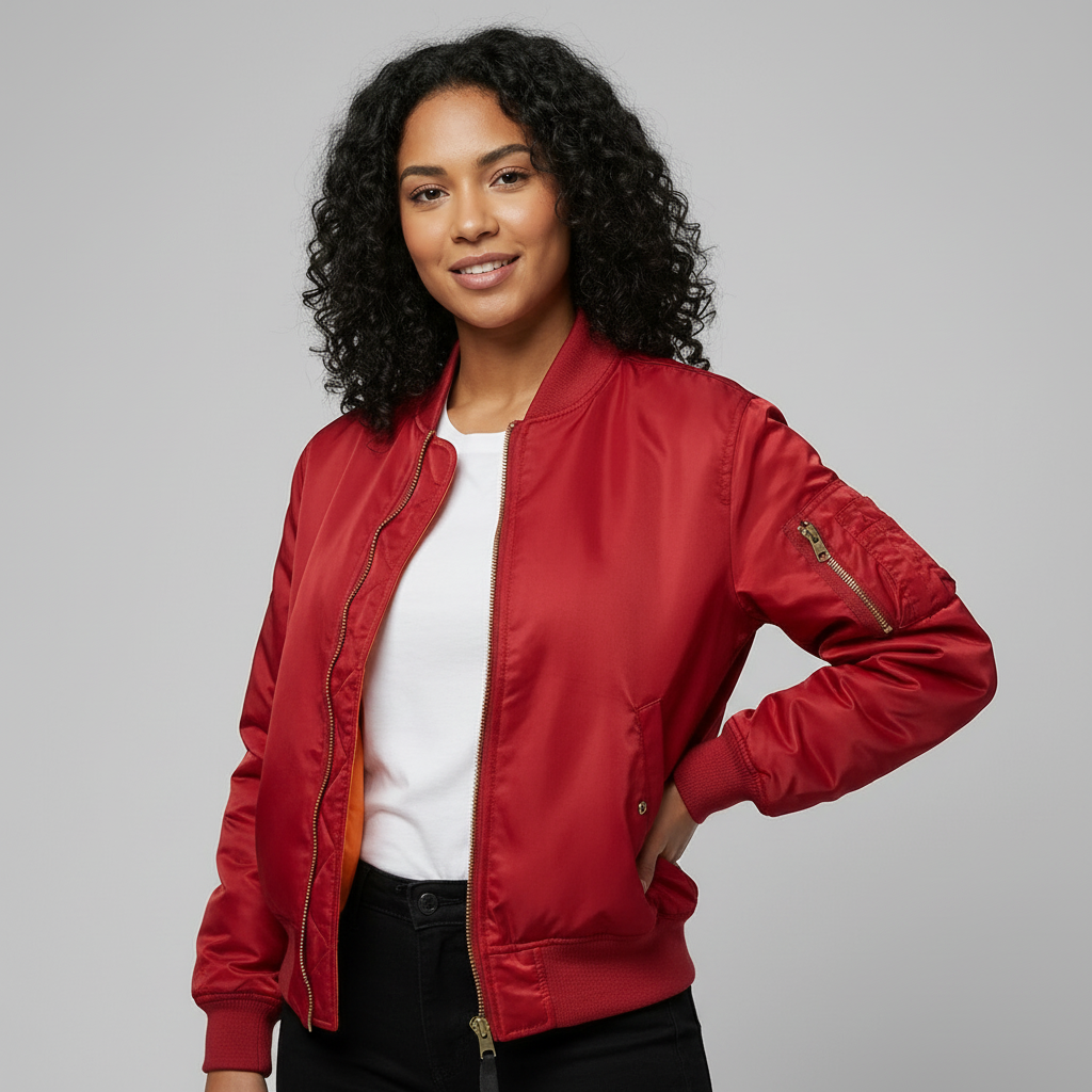 Red - A woman wearing a vibrant red satin-finish bomber jacket featuring a ribbed collar, zip-up front, and a utility pocket on the left sleeve, styled over a white t-shirt.