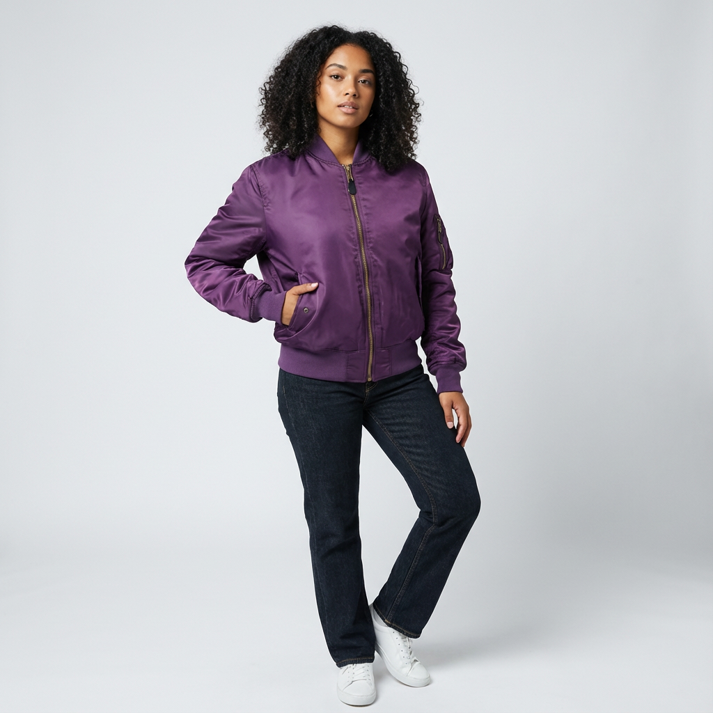Purple - A woman wearing a vibrant red satin-finish bomber jacket featuring a ribbed collar, zip-up front, and a utility pocket on the left sleeve, styled over a white t-shirt.