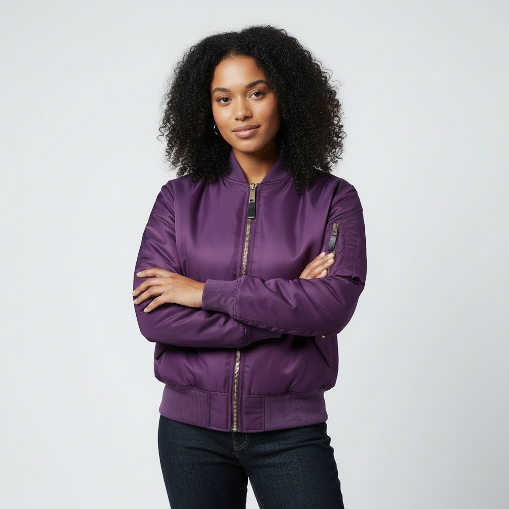 Purple - A woman wearing a vibrant red satin-finish bomber jacket featuring a ribbed collar, zip-up front, and a utility pocket on the left sleeve, styled over a white t-shirt.