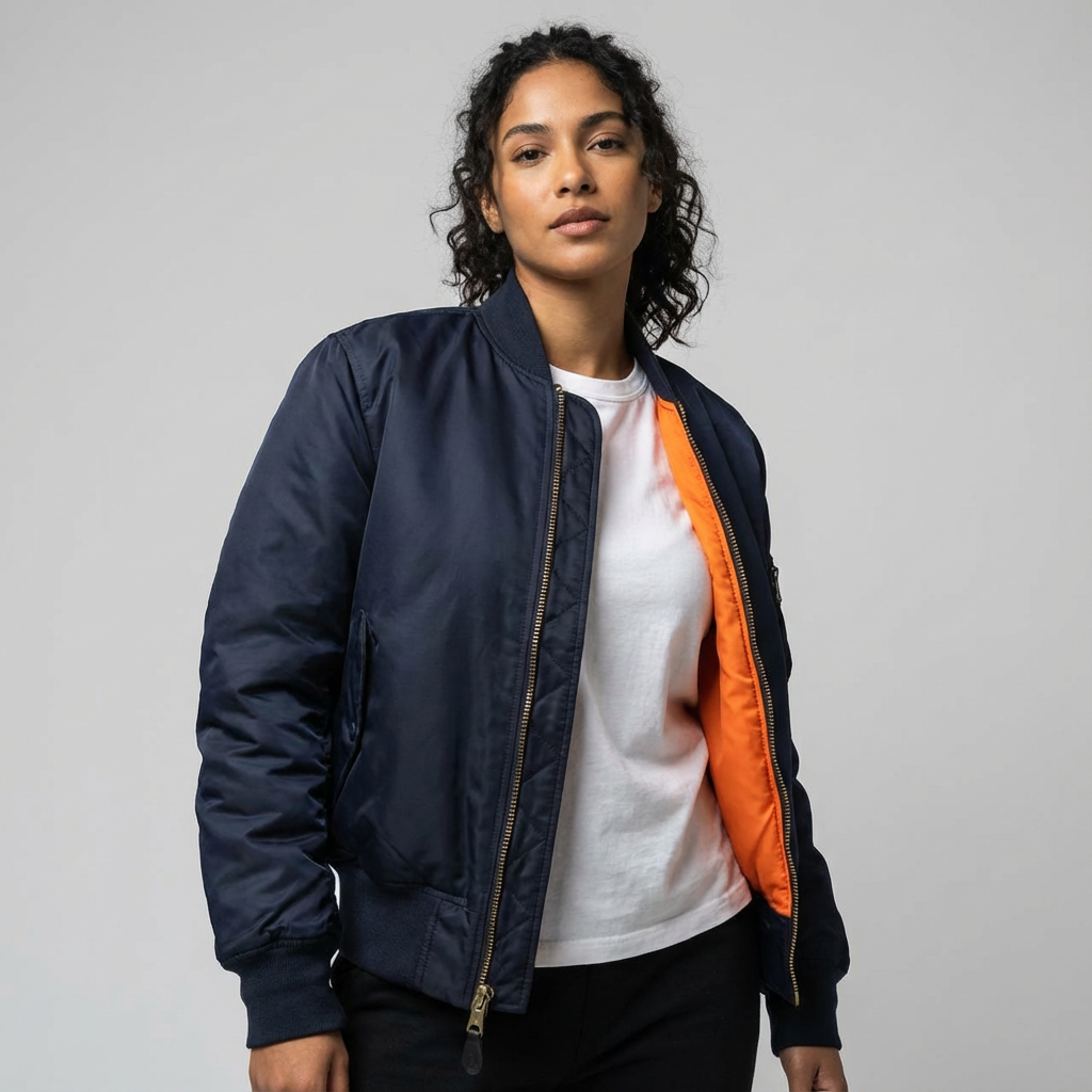 Navy Blue - A woman wearing a vibrant red satin-finish bomber jacket featuring a ribbed collar, zip-up front, and a utility pocket on the left sleeve, styled over a white t-shirt.