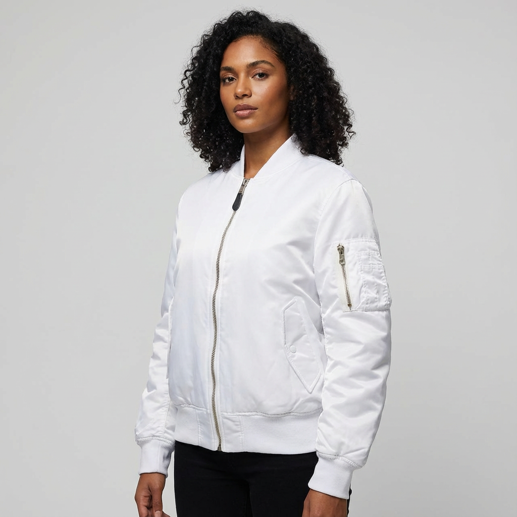 White - A woman wearing a vibrant red satin-finish bomber jacket featuring a ribbed collar, zip-up front, and a utility pocket on the left sleeve, styled over a white t-shirt.