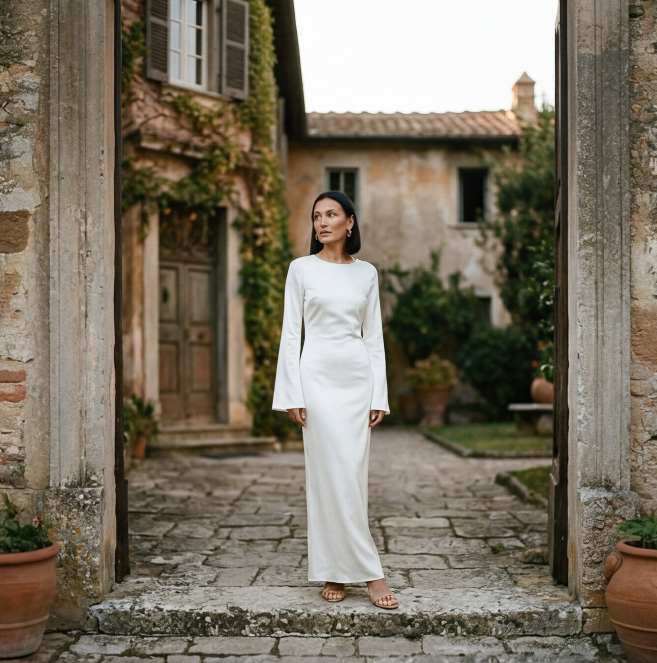 Brown - A woman wearing a long-sleeve chocolate brown satin maxi dress with a round neckline and flared cuffs, standing against a plain white background.