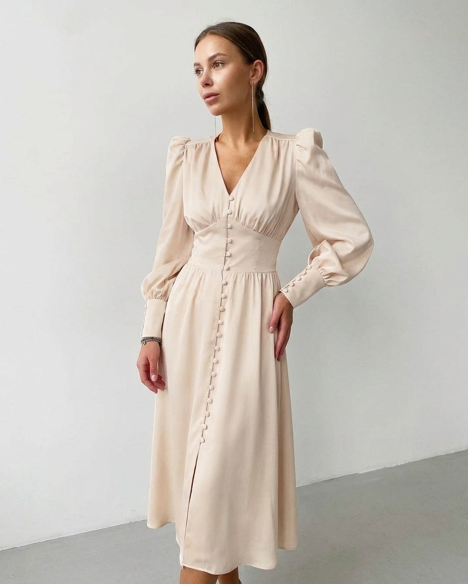 Beige - A woman wearing a taupe-coloured satin midi dress featuring a V-neckline, a row of self-covered buttons down the front, a cinched waistband, and long bishop sleeves with extended buttoned cuffs.