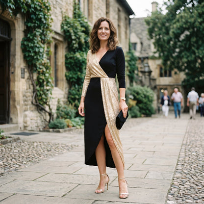 2XL(18) - A woman wearing a long-sleeved midi dress featuring a split design with one half in gold sequins and the other half in solid black, styled with black heels against a plain white background.