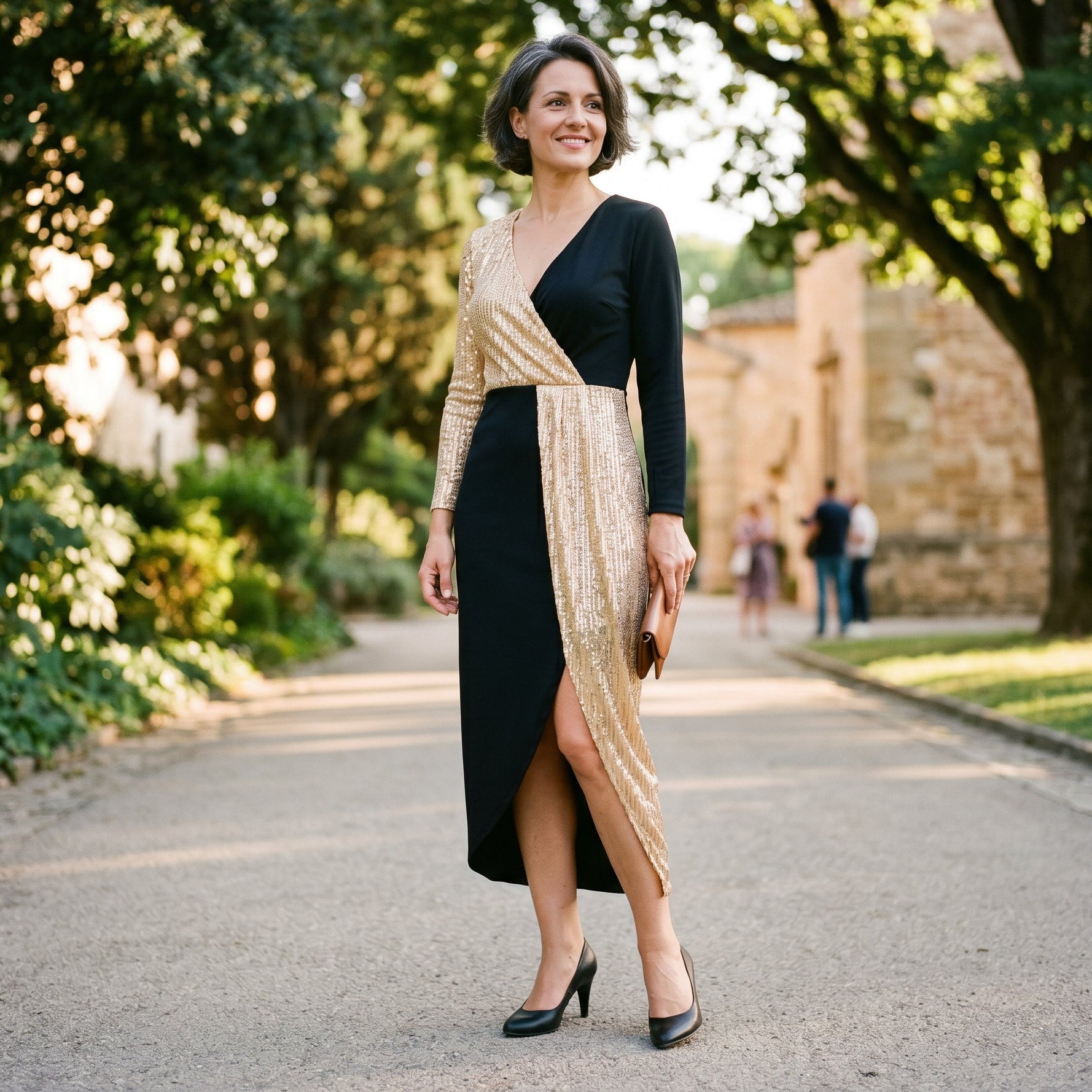 2XL(18) - A woman wearing a long-sleeved midi dress featuring a split design with one half in gold sequins and the other half in solid black, styled with black heels against a plain white background.