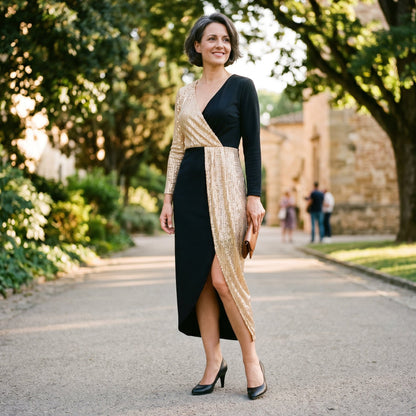2XL(18) - A woman wearing a long-sleeved midi dress featuring a split design with one half in gold sequins and the other half in solid black, styled with black heels against a plain white background.