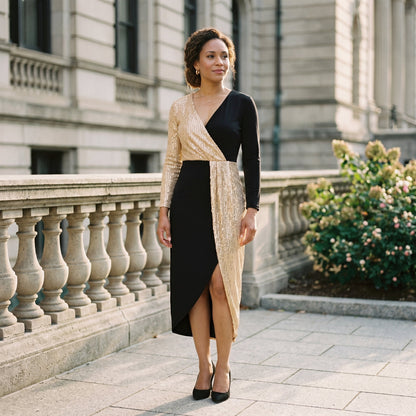 2XL(18) - A woman wearing a long-sleeved midi dress featuring a split design with one half in gold sequins and the other half in solid black, styled with black heels against a plain white background.