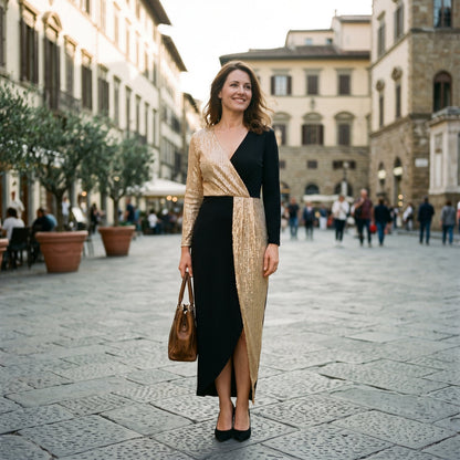 2XL(18) - A woman wearing a long-sleeved midi dress featuring a split design with one half in gold sequins and the other half in solid black, styled with black heels against a plain white background.