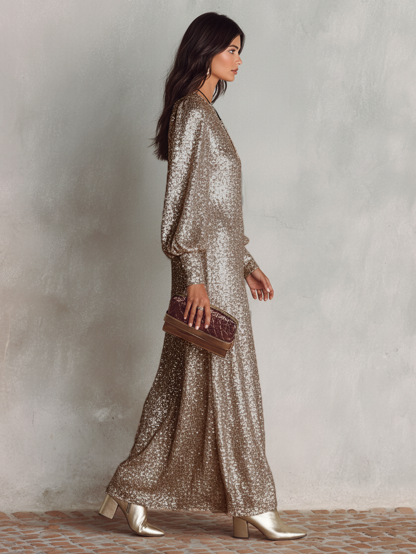 Black - A woman wearing a long-sleeved, champagne-gold sequined maxi dress with a split V-neckline and cuffed sleeves, holding a metallic clutch and a glass of red wine.