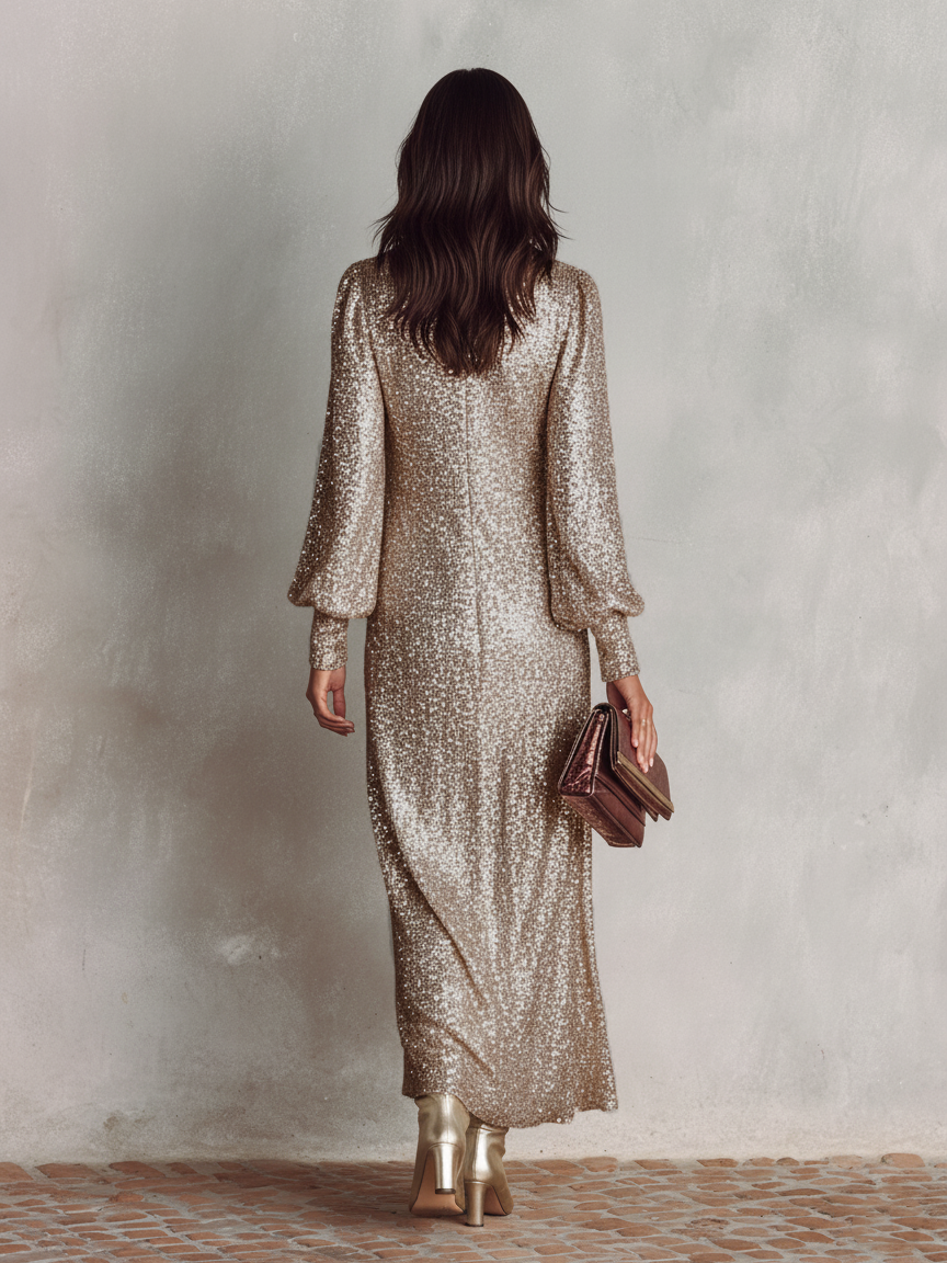 Black - A woman wearing a long-sleeved, champagne-gold sequined maxi dress with a split V-neckline and cuffed sleeves, holding a metallic clutch and a glass of red wine.