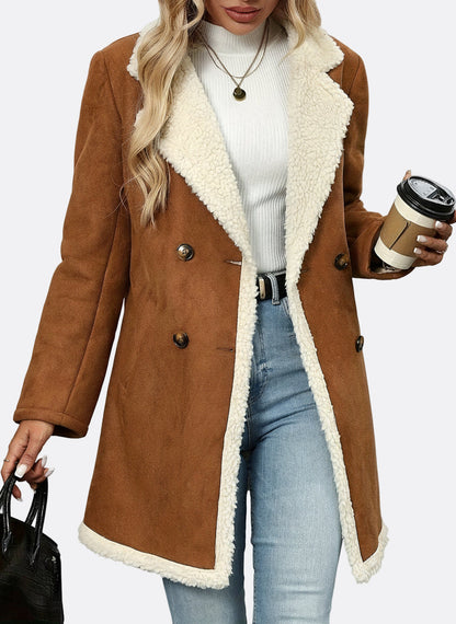 A woman wearing a mid-length tan suede-look coat with a plush cream sherpa lining on the collar, lapels, and hem, featuring a double-breasted button closure.
