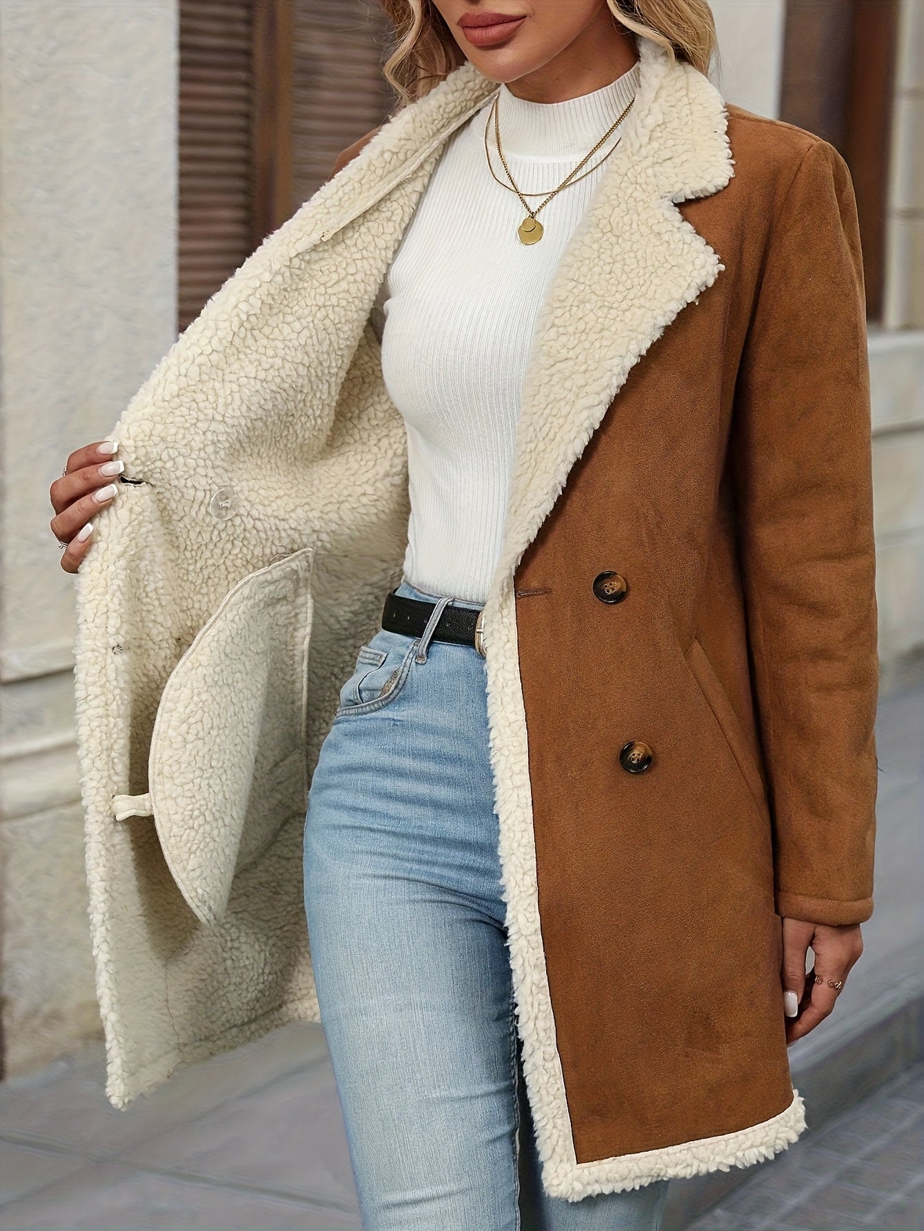A woman wearing a mid-length tan suede-look coat with a plush cream sherpa lining on the collar, lapels, and hem, featuring a double-breasted button closure.