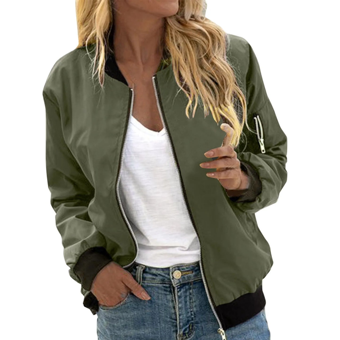Green - A woman wearing a black, lightweight zip-front bomber jacket with ribbed trims, styled casually open over a t-shirt and denim jeans.