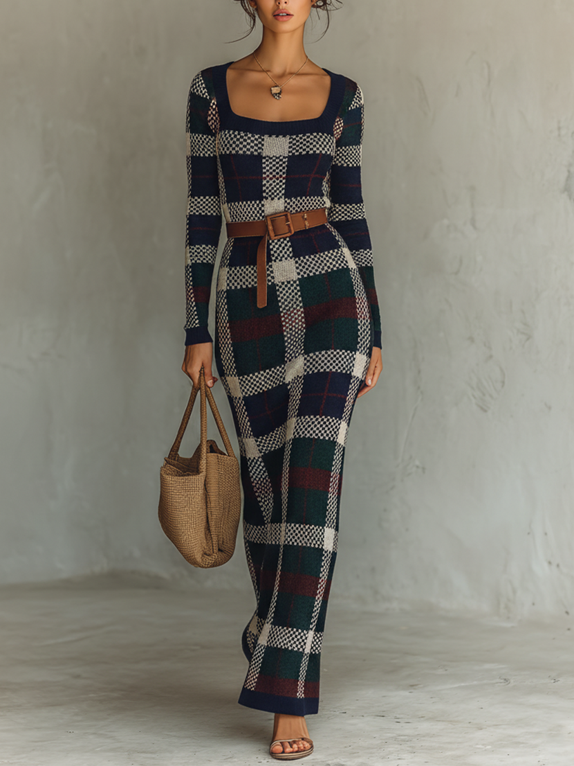 Navy - A woman wearing a long-sleeve, square-neck maxi knit dress featuring a classic navy, green, and white plaid pattern, styled with a brown leather belt at the waist.