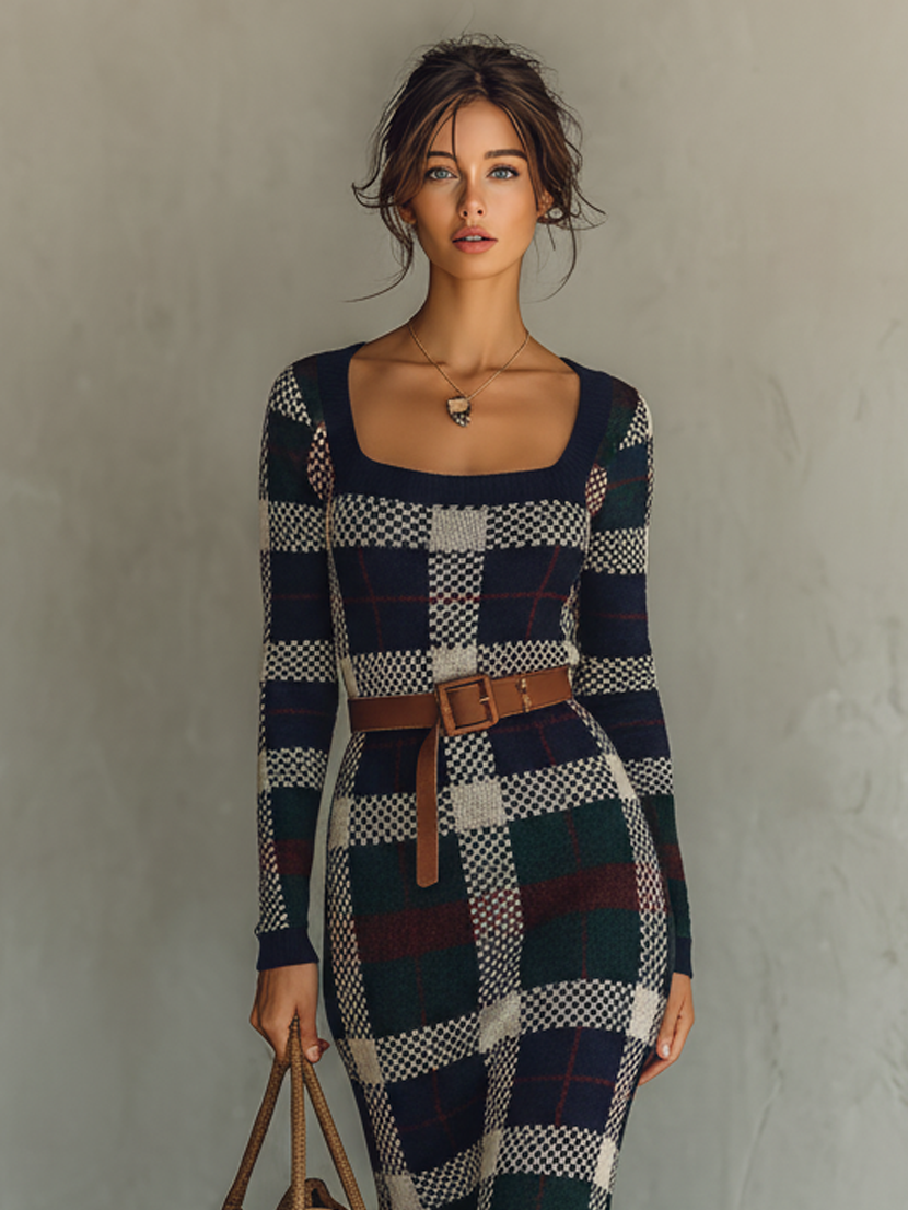 Navy - A woman wearing a long-sleeve, square-neck maxi knit dress featuring a classic navy, green, and white plaid pattern, styled with a brown leather belt at the waist.