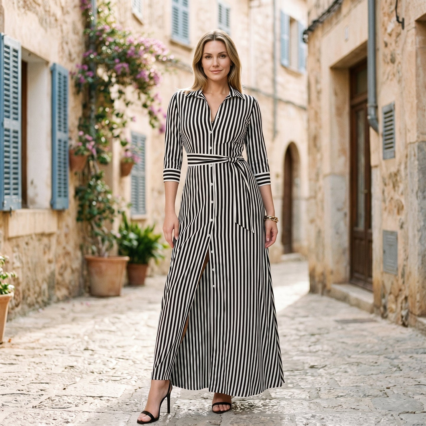 Blue - A woman wearing a black and white vertically striped maxi shirt dress with a collar, three-quarter sleeves, and a self-tie belt at the waist, paired with black high-heeled sandals against a plain white background.