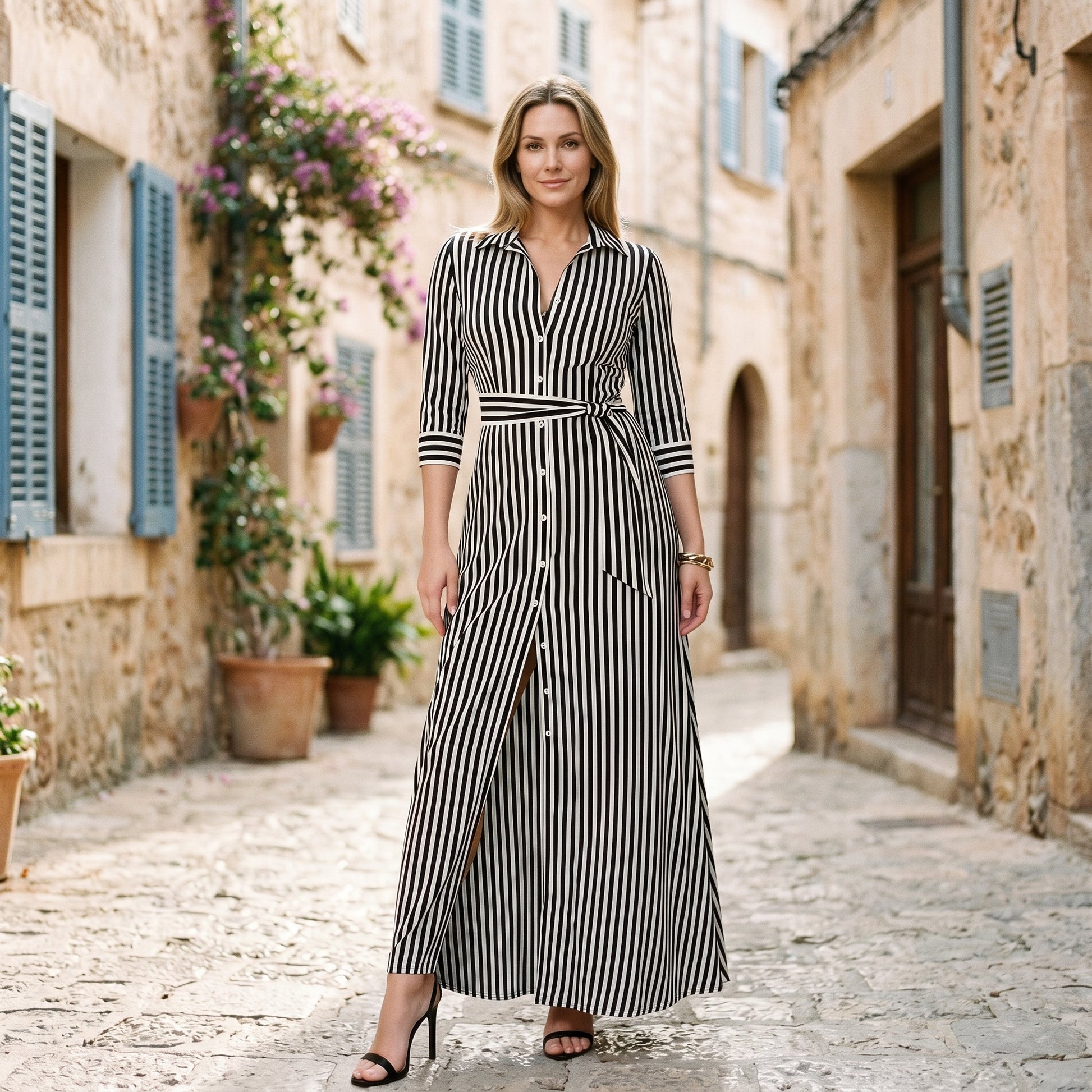 Blue - A woman wearing a black and white vertically striped maxi shirt dress with a collar, three-quarter sleeves, and a self-tie belt at the waist, paired with black high-heeled sandals against a plain white background.