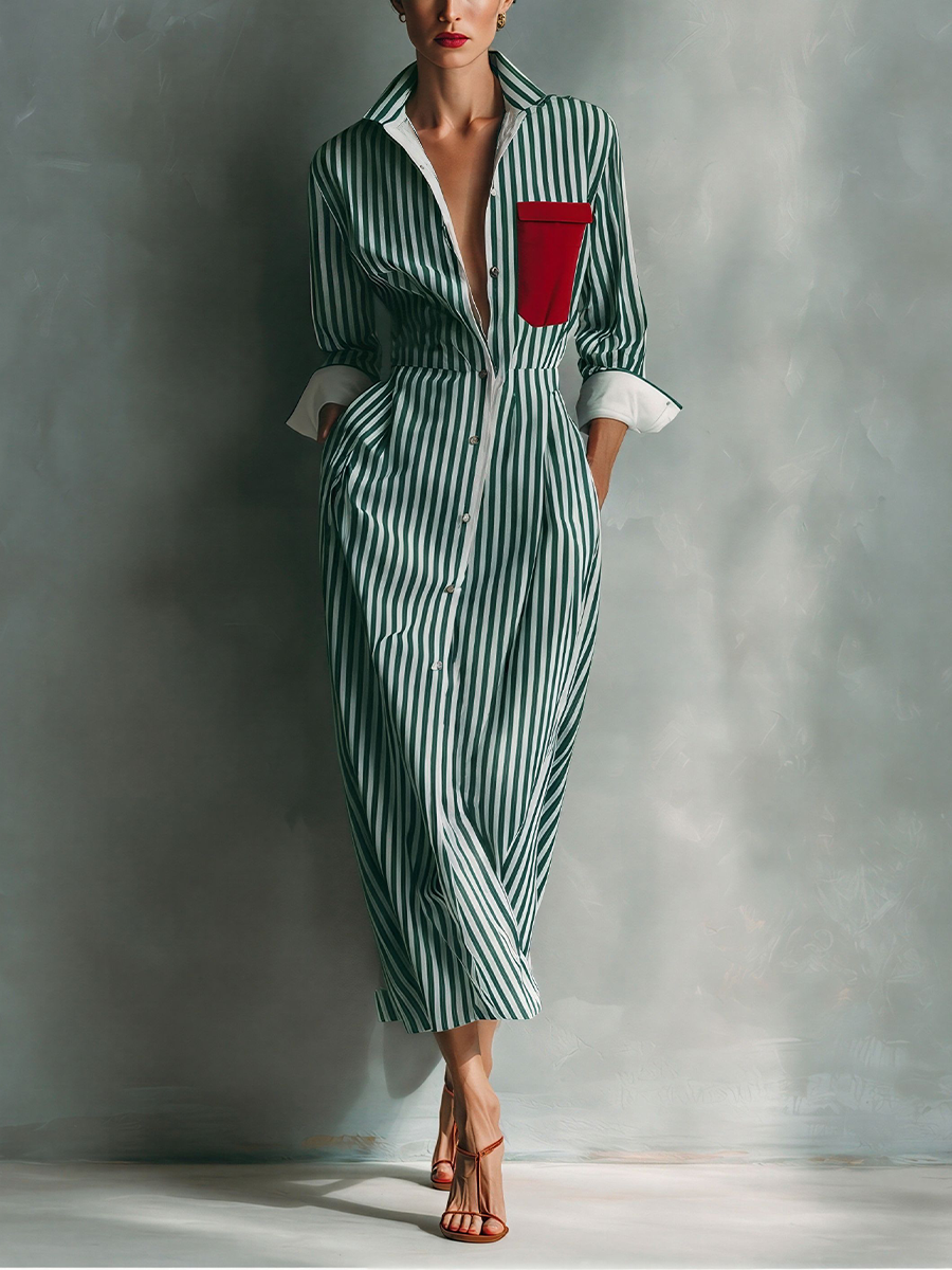 Green And White - A woman wearing a blue and white vertically striped cotton maxi shirt dress with a contrasting red chest pocket, pointed collar, button-down front, and rolled-up white cuffs.