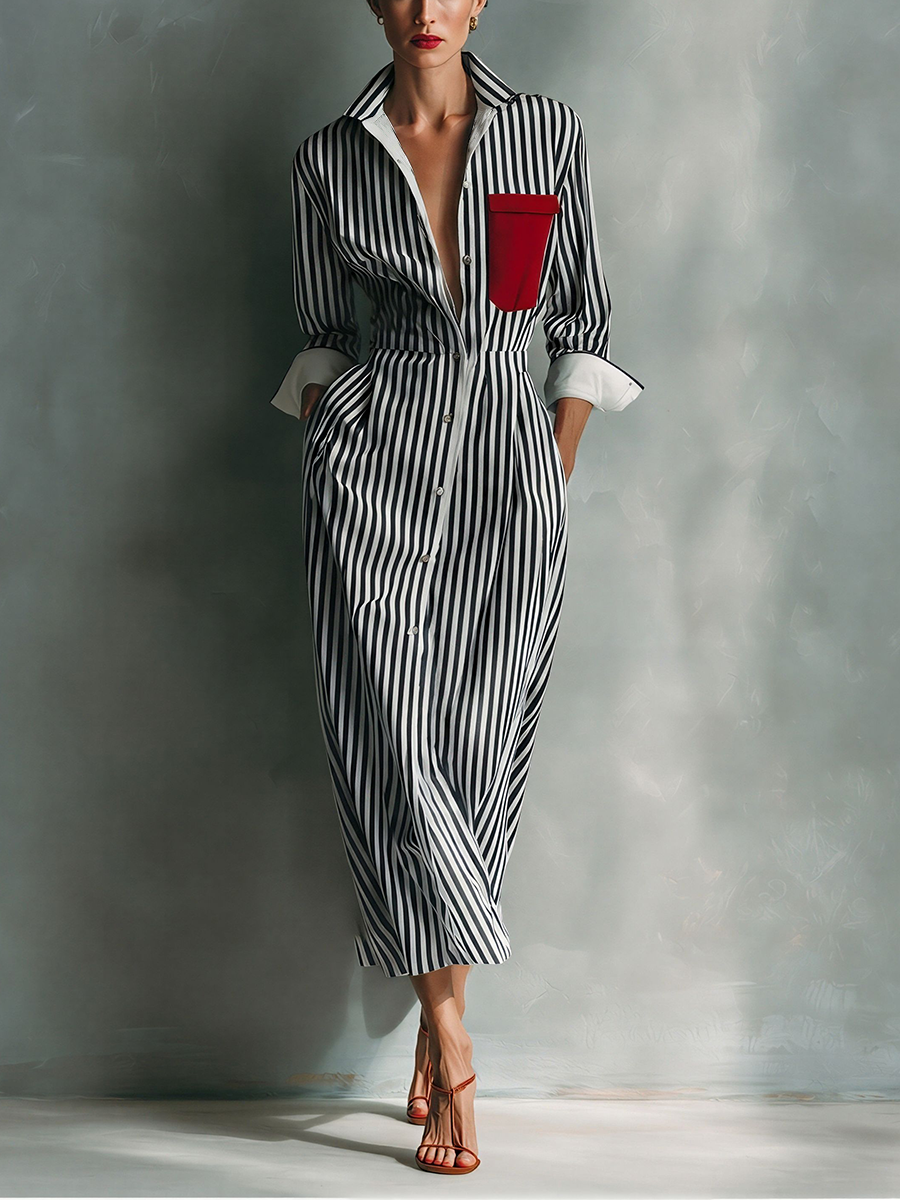 Black And White - A woman wearing a blue and white vertically striped cotton maxi shirt dress with a contrasting red chest pocket, pointed collar, button-down front, and rolled-up white cuffs.